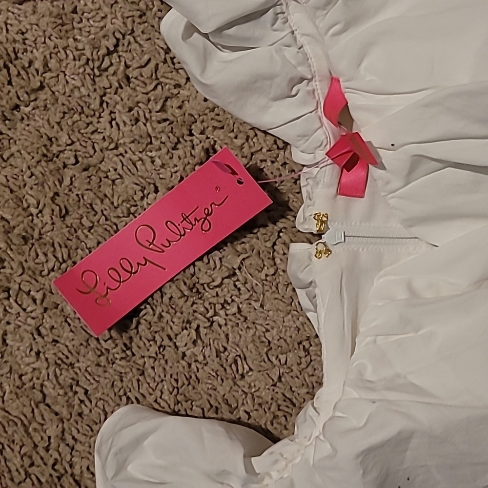 Lilly Pulitzer Emie babydoll Ruffle Top Neon pink, Blue & White Size 10 NWT - Picture 4 of 6